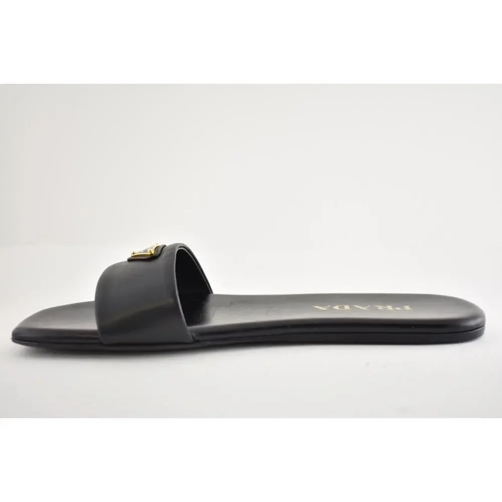 Prada Ciabatte Black Leather Gold Triangle Logo Slide Mule Flat Sandal 36